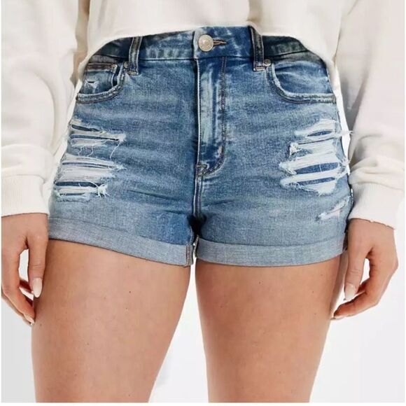 EXCELLENT DISTRESSED CONDITION SIZE 6 AMERICAN EAGLE CURVY HI-RISE SHORTIE - Picture 1 of 8